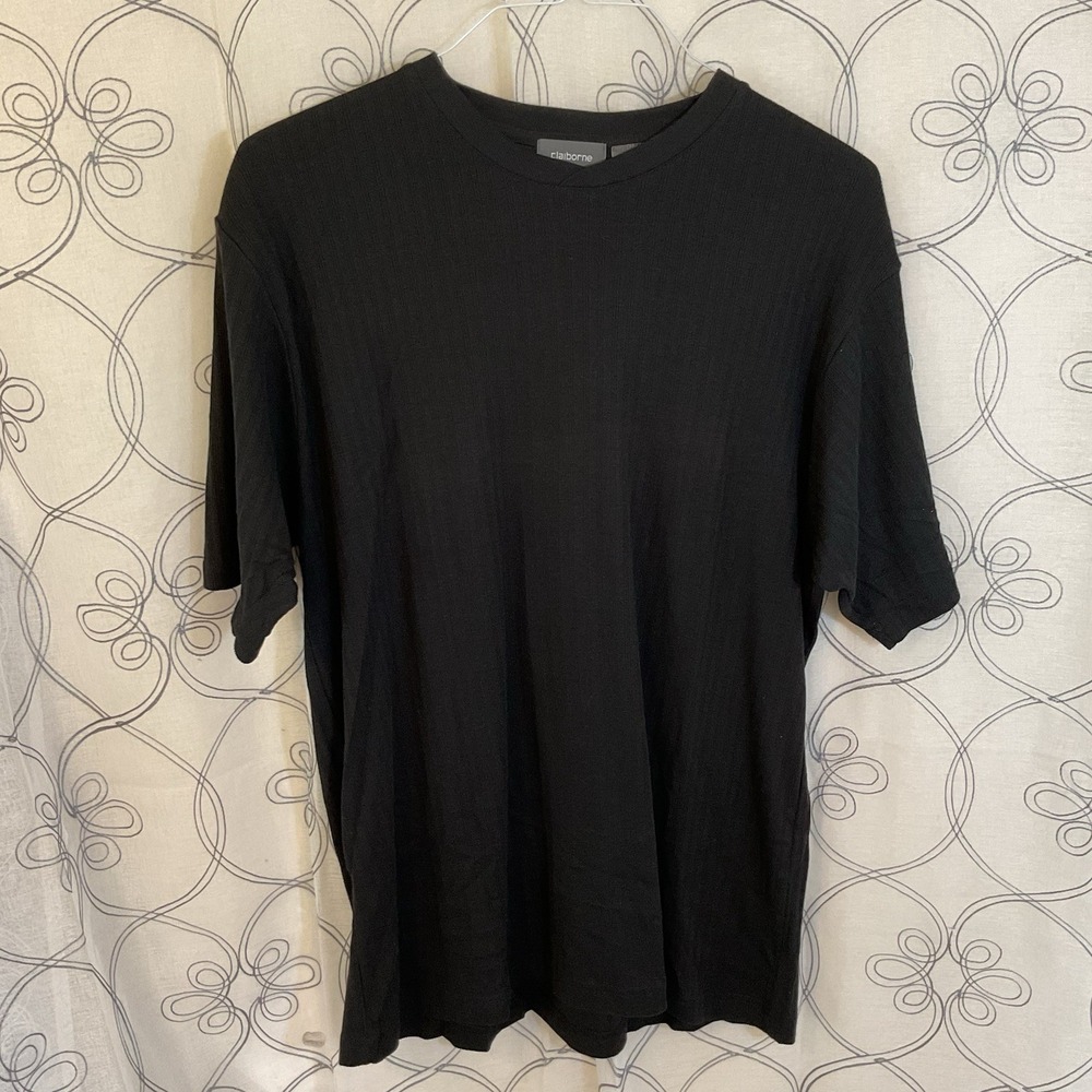 Claiborne Textured Ribbed Black Crew Neck Top Stretchy Short Sleeve Size Medium